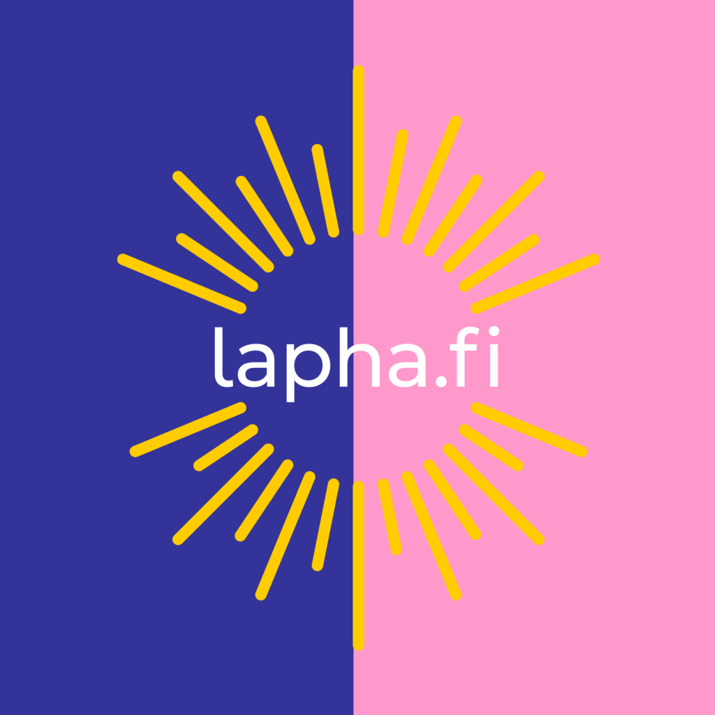 Logo jossa Lapha.fi teksti. Logossa violetti ja vaaleanpunainen pohja sekä auringonsäteitä muistuttavat viivat lapha.fi tekstin ympärillä ympyrämuodossa.