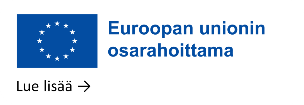 Euroopan unionin logo sinisellä pohjalla ja teksti 'Euroopan unionin osarahoittama' suomeksi, alla kehote 'Lue lisää' , jonka alla oikealle osoittava nuoli.